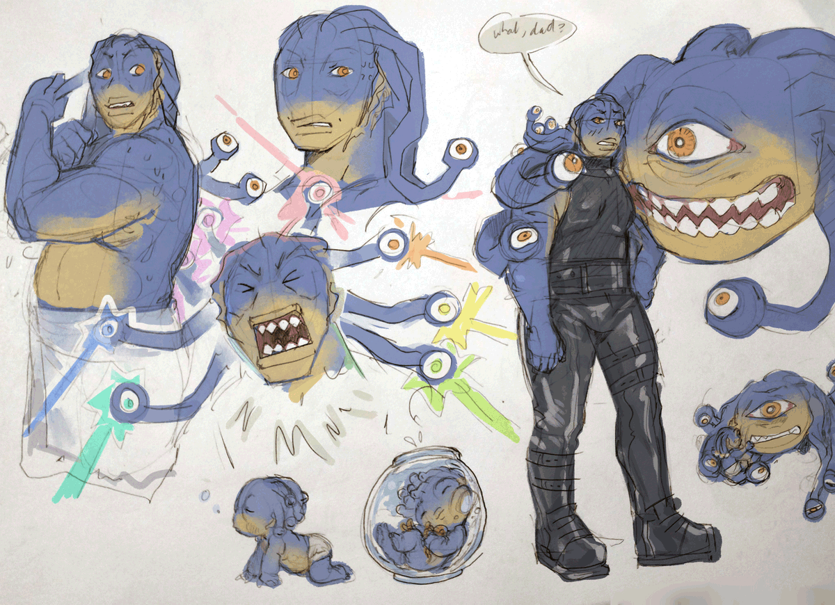 some colourised gyl sketches from earlier this year--! including some of when he was v smol &amp; his papa had no clue what to do with him (he is just as clueless with him as an adult)

#dnd #madmage