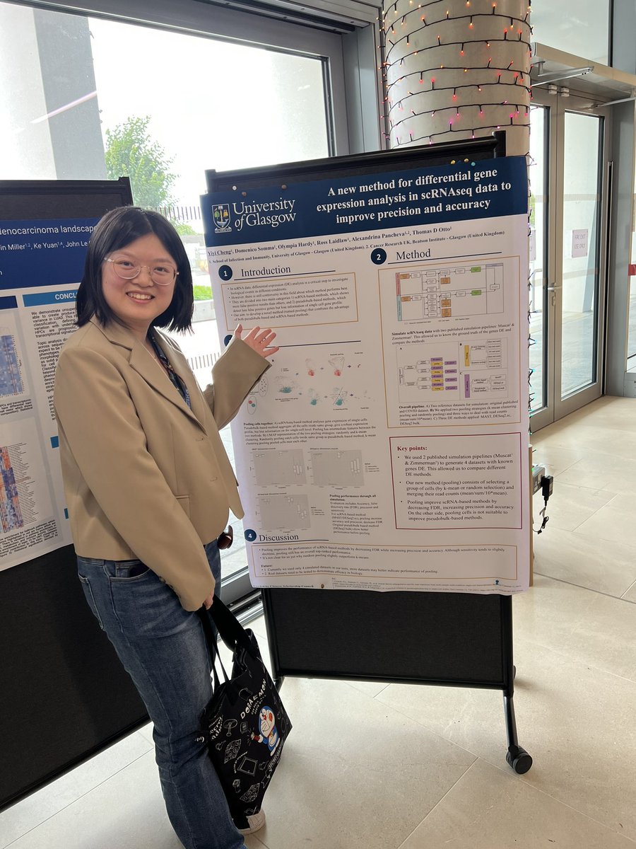 So proud of Yiyi presenting her first poster at the Glasgow Computational Biology conference about pooling methods improving DE analysis in single cell! #cbc23 #computationalbiology #singlecell #bioinformatics