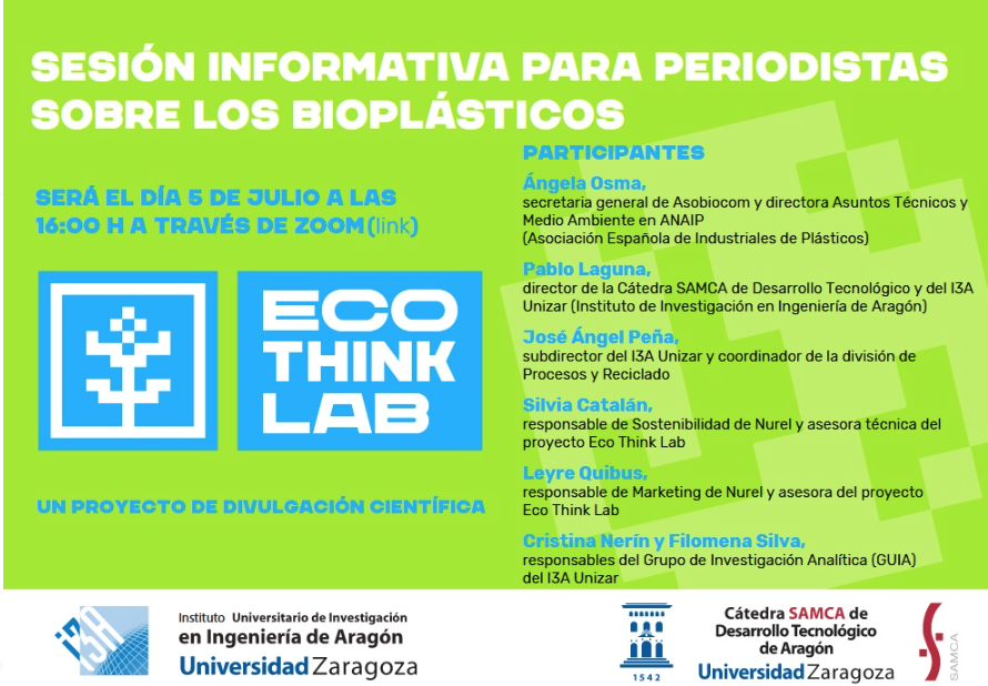 GraziellaAlm's tweet photo. #periodistas sesión informativa sobre #bioplasticos 
organizada por La Cátedra #SAMCA de Desarrollo Tecnológico #Aragon y el @I3Aunizar,
Proyecto de #divulgación científica, Eco Think Lab
📅 Miércoles 5 de julio
⏰ De 16 a 17h.
📹 Zoom
➡ Regístrate aquí: 
https://t.co/75HExvaoAz https://t.co/nazrNN0FIV