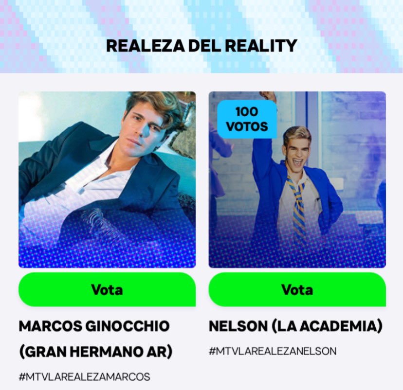Nelson Carreras está nominado en los MTV MIAW 2023 en la categoría “Realeza del reality”.

Vamos todos a votar!!

#MTVrealezaNelson  #NelsonCarreras 

🔗: miaw.mtvla.com/vota/realeza-d…