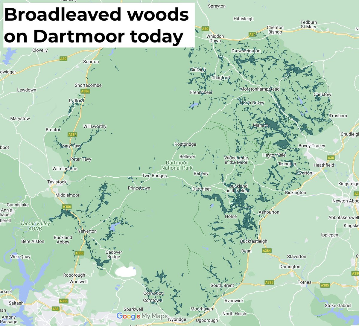 guyshrubsole's tweet image. Bring back Dartmoor's temperate rainforests!

I made a map showing existing broadleaved woodland within Dartmoor National Park, and what it would look like if we let these woods naturally regenerate &amp;amp; spread by 150m on all sides (also shows landowners):

google.com/maps/d/u/0/edi…