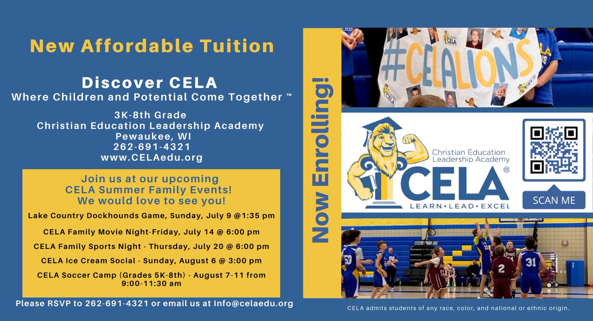 CELAlions's tweet photo. CELA has lowered their tuition to make it more affordable for families! CELA offers academic excellence, leadership development, and strong Christian family values! There is an urgent need to develop our young children into strong Christian leaders of tomorrow! #CELAlions https://t.co/j97Zw6RBch