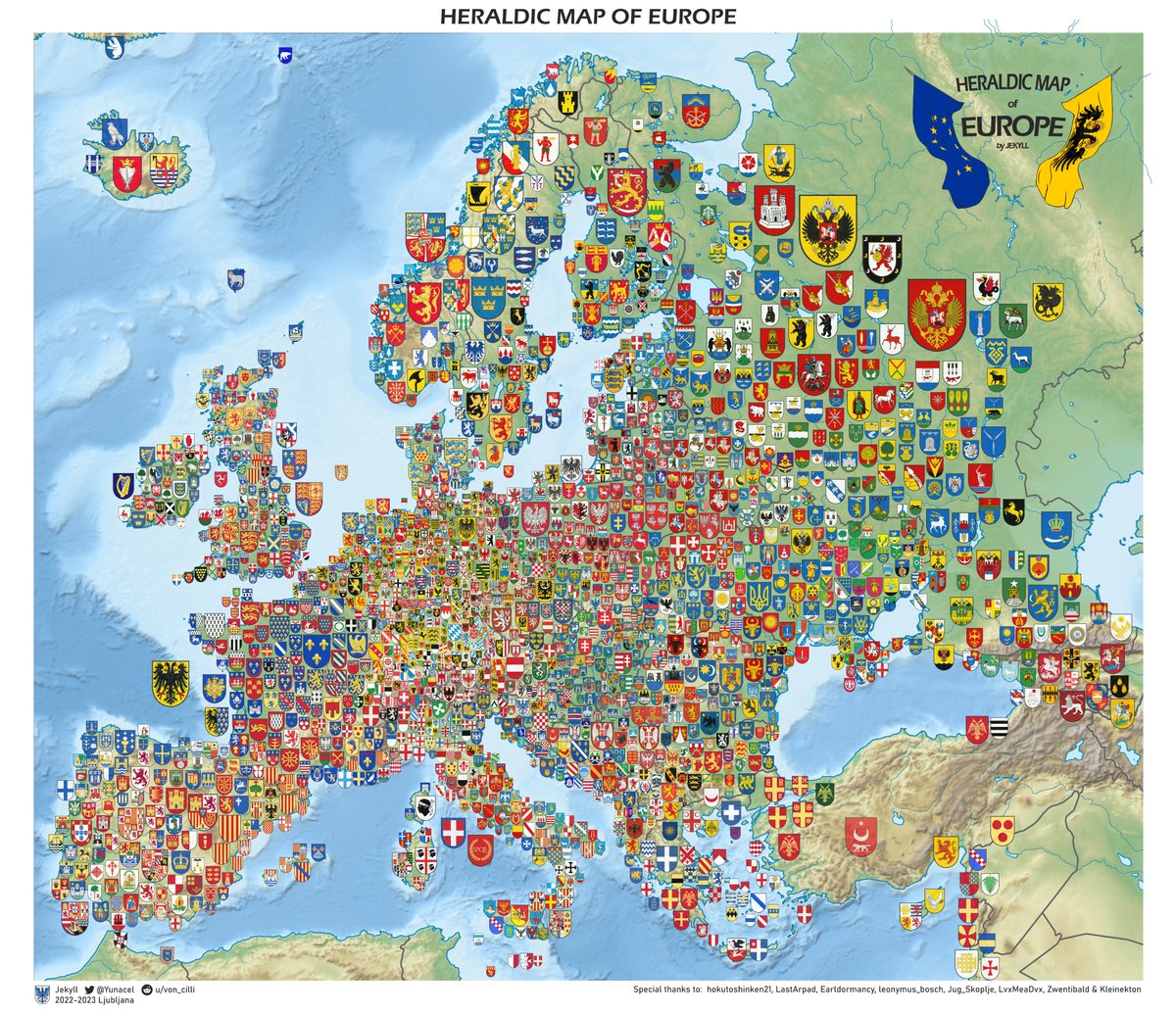 Here it is, the project that I have been working on for over a year: A heraldic map of Europe