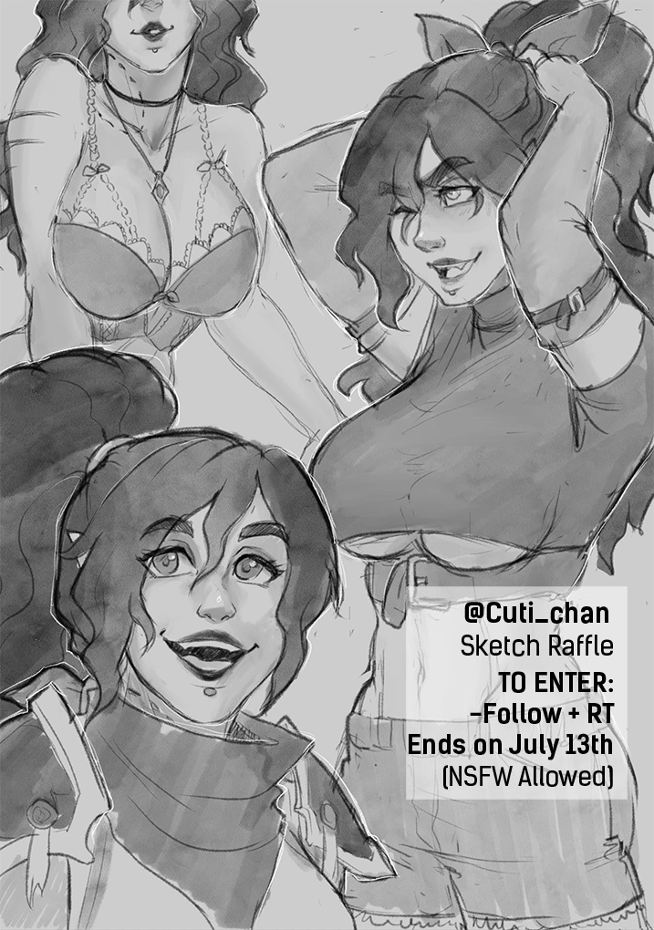 Cuti_Chan's tweet photo. ✨ART RAFFLE✨Before the next commis' batch, I'll giveaway a sketch page of one character! Ends on July 13th.
☀️TO ENTER: Follow + RT☀️
Additional entry: Comment character' references. (NSFW allowed) https://t.co/Oys4o17yU6