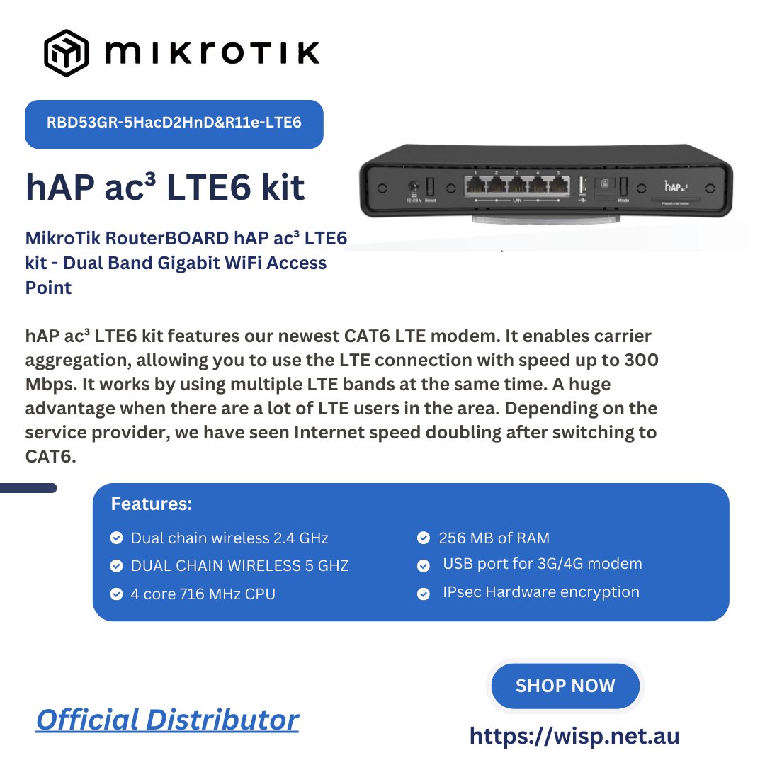 wispaustralia's tweet image. #WISP🛒
📢 Attention network professionals! Elevate your wireless connectivity with the MikroTik RouterBOARD hAP ac³ LTE6 kit, the Dual Band Gigabit WiFi Access Point. 

✔ Visit wisp.net.au/mikrotik-hap-a… to learn more 

#WirelessConnectivity #WiFiAccessPoint #WISP #RouterBOARDhAP
