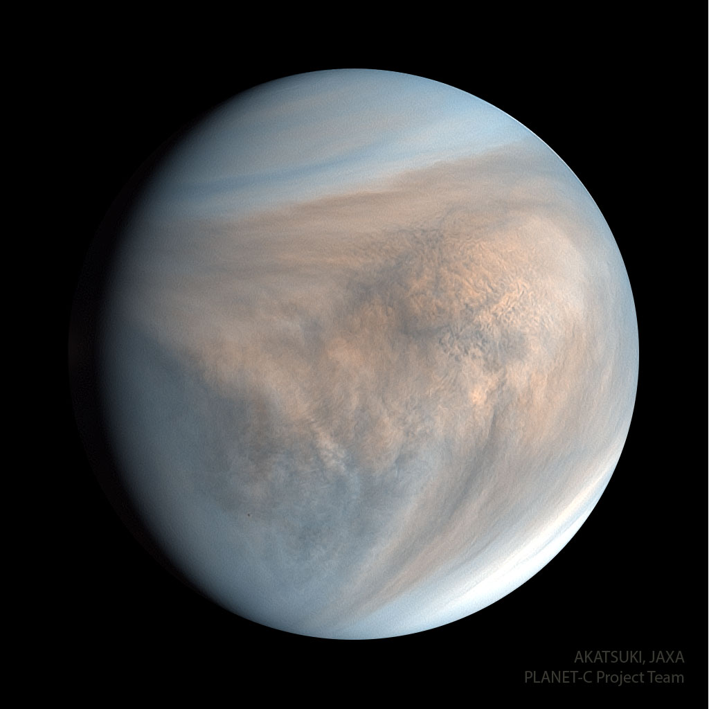 VENUS.

Filter Ultraviolet menjadikan Venus nampak biru dgn tampilan struktur awan yg lebih jelas.

Foto diambil Orbiter Akatsuki (JAXA Jepang) yg khusus meneliti atmosfir Venus.

Venus, dimana 1 hari lebih lama dari 1 tahun.