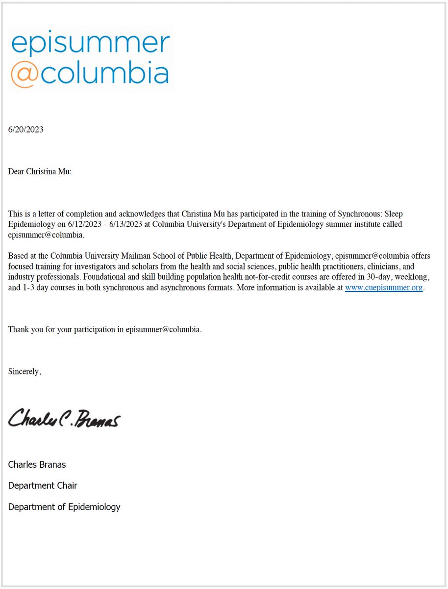 Christina_Mu's tweet photo. I’ve obtained a new certification on Sleep Epidemiology from Columbia University! Thank you, Dr. Nour Makarem, for facilitating such an informative and engaging course. This course covered the breadth and depth of sleep literature today and inspired new research ideas! #sleep https://t.co/tk6D3ieGVj