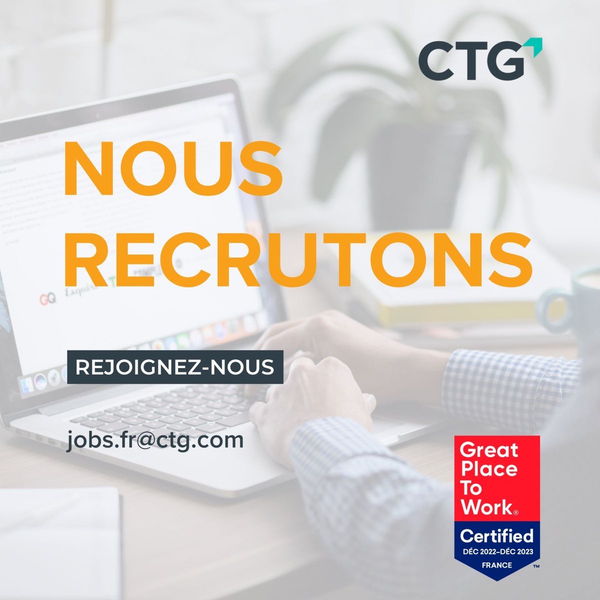 Faites évoluer votre carrière dans une entreprise innovante 🚀 !

Certifié #GreatPlaceToWork, CTG est à la recherche de nouveaux talents pour compléter notre équipe ! Consultez notre site pour découvrir toutes nos offres d’emplois 👉  bit.ly/3JcsmDD 

#Recrutement