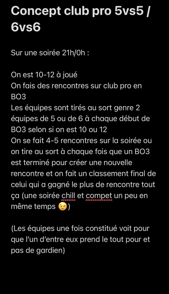 Hello 👋

Si des gens que l’on connaît bien sont chaud pour un petit concept FIFA que j’explique juste en dessous 👇👇👇

Pour ce soir on démarre à 21h avec un petit groupe de pote (<a href="/vSxolaar/">Mathys</a> <a href="/Kammion10/">Kammion</a> <a href="/alextyv13/">Alextyv</a> <a href="/donoobtz/">dono</a> entre autre)

N’hésitez pas à m’envoyer un DM