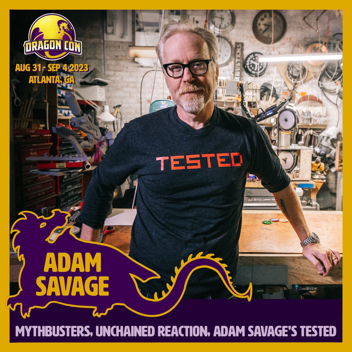 DragonCon's tweet photo. Myth: Confirmed!  Let's give a big #DragonCon2023 welcome to the one person we can think of who has singed his eyebrows off more than us... @donttrythis! https://t.co/mfPO5AwdpS