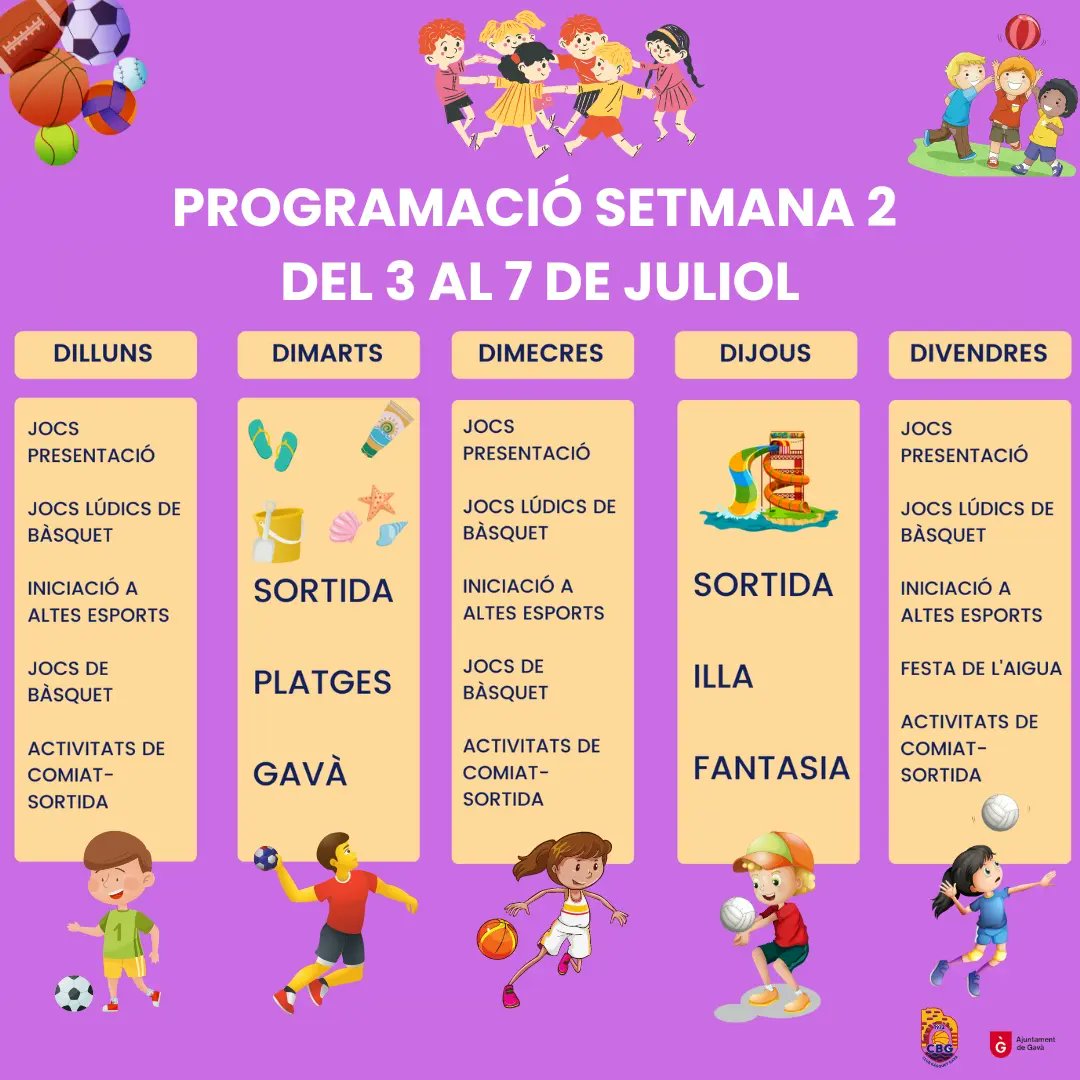⛹️‍♂️⛹️‍♀️ Comencem segona setmana de casal.
Aquestes són les activitats per aquets dies!

#cbg # unclubdiferent  
#happysummer2023