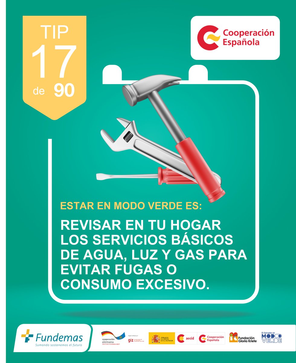 AECIDElSalvador's tweet photo. #TIP17 de 90 Días en 🟢#ModoVerde 🌱🌎🌦️
CONSEJO DEL DÍA:
🚿🔌Dedícale un tiempo a tu hogar, revisa tuberías, conductos de gas y luz, así podrás identificar si tienes fugas y reducir los costos en tus recibos.
#CambioClimático #ElSalvadorVerde
@SvModo @FUNDEMAS https://t.co/QZz9YZhFJK