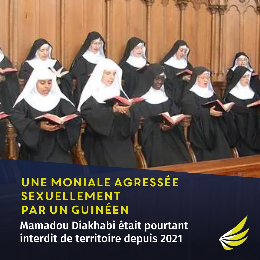 Coll_Nemesis's tweet photo. Une moniale agressée sexuellement par un guinéen interdit de territoire depuis 2021. La religieuse faisait partie de l’abbaye de Sainte-Cécile de Solesmes. Mamadou Diakhabi l’aurait plaqué, tenu le buste, touché les seins et léché le visage. https://t.co/n3s0jmfE2e
