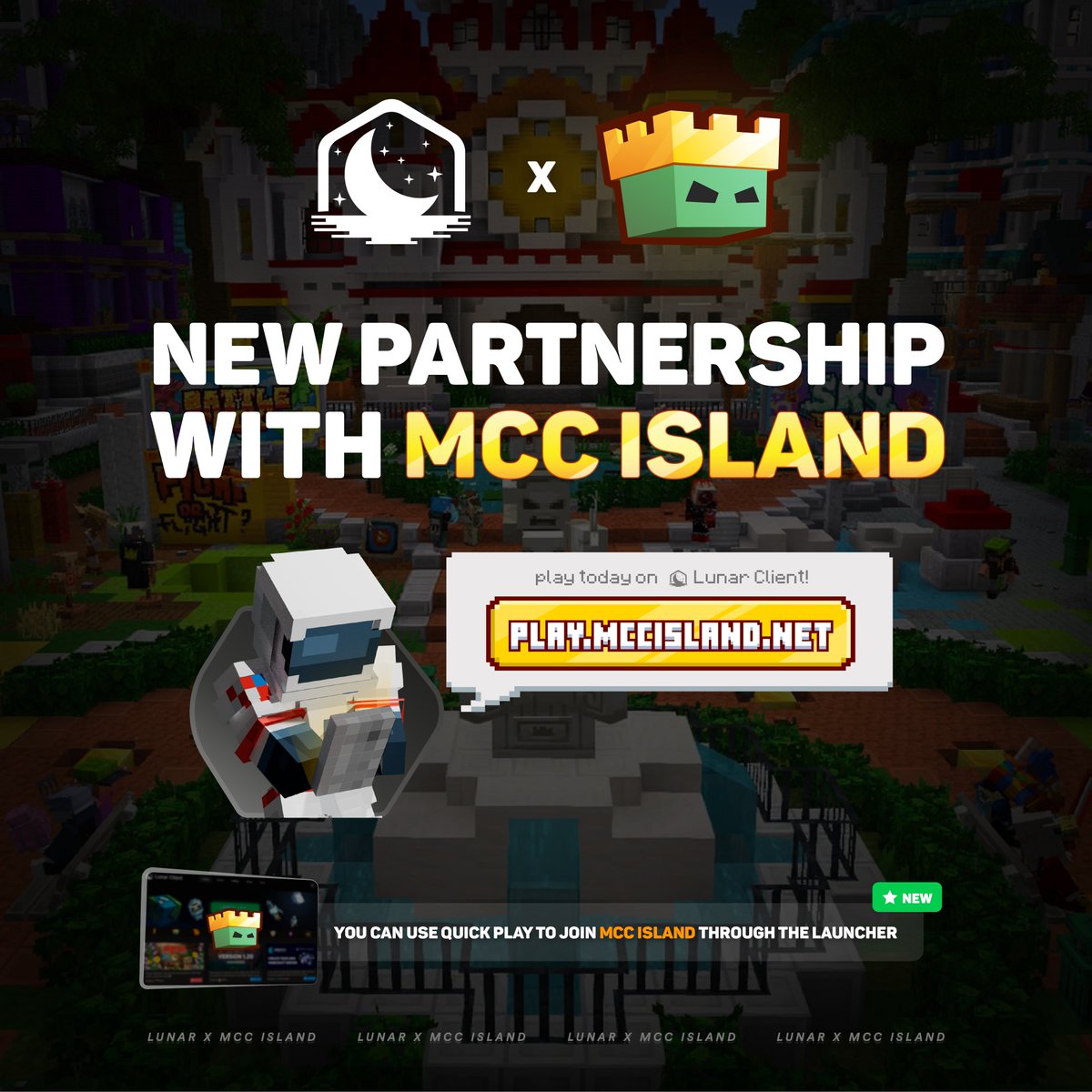 LunarClient's tweet image. We're excited to announce our partnership with MCC Island 🏝

We're working closely with the Noxcrew team to ensure Lunar is fully optimized for the server. ⚡️

Retweet, Like, and Follow for a chance to win 5x Grand Champ ranks! 🏆

Read more at lunarclient.com/news/lunar-cli…