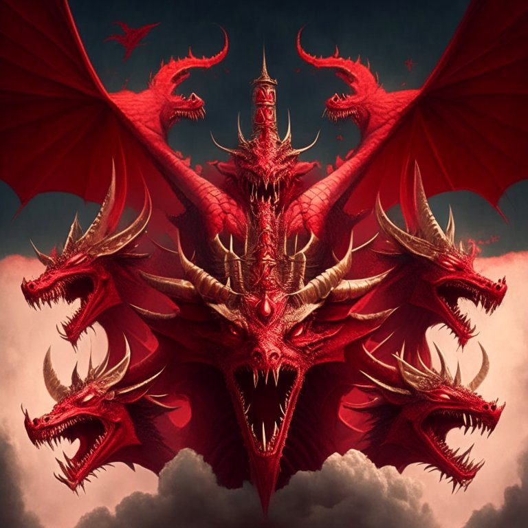 Behold the awe-inspiring sight in the sky—a colossal red dragon with seven heads, ten horns, and a crown adorning each head. A symbol of power and mystery, captivating our imagination. 🐉👑✨ #MysticalDragon #SevenHeads #PowerUnveiled #ai 
#midjourneyV52 #text2image