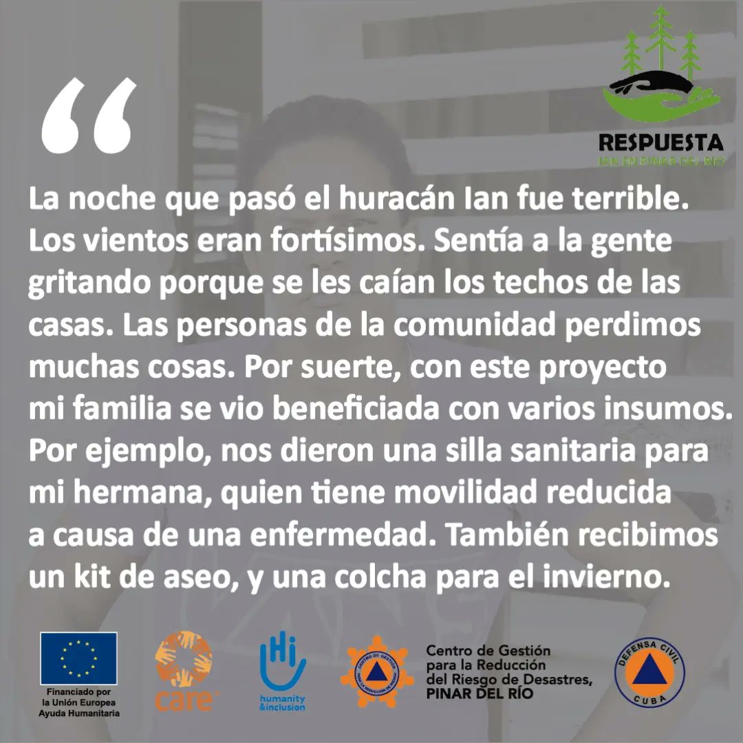 🗣🗨 Aunque su familia es numerosa, Idania es la principal cuidadora de su hermana.  Como parte del proyecto Respuesta a #Ian, implementado por #HIenCuba y CARE, bajo el apoyo de <a href="/ECHO_LatAm/">EU Humanitarian Aid | Latin America & Caribbean</a> varias personas en #PinardelRío, fueron beneficiadas. Su hermana fue una de ellas.