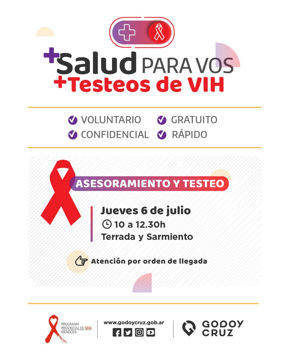 FlorSantonii's tweet photo. Salud para vos: operativo de testeos VIH

Acercate este jueves 6 de julio de 10 a 12.30hs a la Terrada y Sarmiento para realizarte la prueba de manera gratuita y confidencial 

¡Tenés el resultado en 10 min! #SaludGC @TadeoGZ https://t.co/jTFxlXpycT