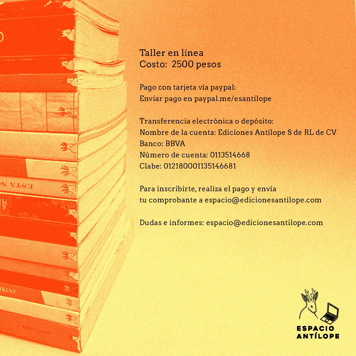 🌈 🌈 ¡Última llamada! 🌈 🌈

Esta tarde arrancamos, vía zoom, con nuestro laboratorio de proyectos editoriales. Si quieres inscribirte, aún estás a tiempo. ✨

📥 ¡Escribe ya a espacio@edicionesantilope.com!