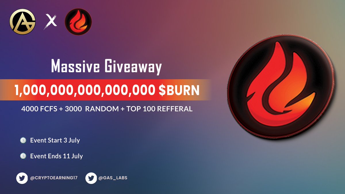 🔥 Gas Labs X Genius airdrops 

🎁 Total for airdrop: 1,000,000,000,000,000 $BURN Token For 4000 FCFS Users 3000 Random Users 

✅Follow <a href="/Gas_Labs/">Gas Labs | $Burn 🔥</a>
✅Like &amp; RT &amp; Tag 3 Friends 
✅Fill Gleam : 
gleam.io/competitions/O…

#Airdrops #Giveaway #crypto #airdropcrypto #airdrop