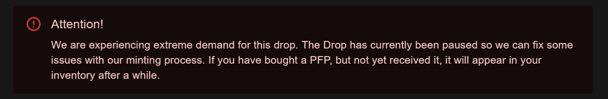 The drop is paused due to the issues happened on the nfthive platform where the website crashed due to the high demand and also gave some problems with layers 
We will update here and on our discord when things are back up!