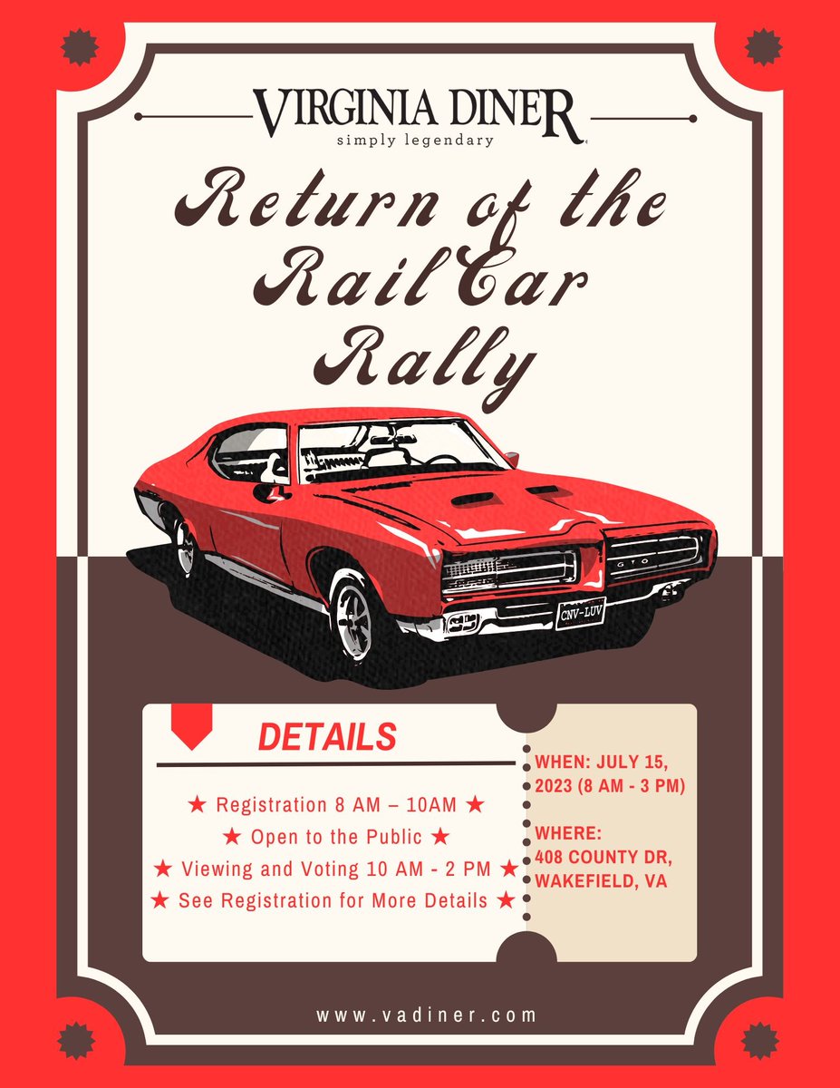 ATTENTION: Virginia Diner's Return of the Rail Car Rally is coming up soon! Come visit us on July 15th to see or show off some legendary vehicles. 
*
*
*
#VAD #VirginiaDiner #VAEats #WakefieldVA #comfortfood #nineteentwentynine #simplylegendary #carshow