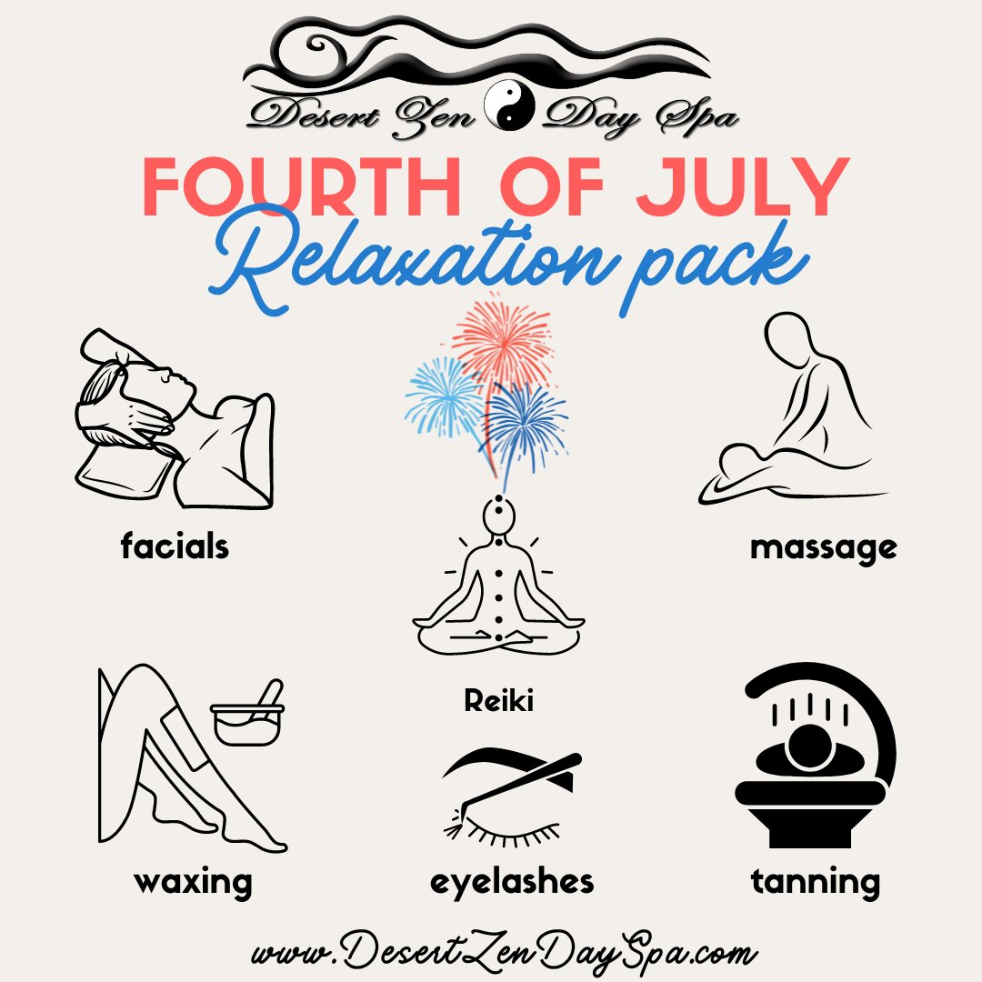 DesertZenDaySpa's tweet photo. Open today the 3rd and Wednesday the 5th
Stay tuned for some NEW services Coming Soon!
https://t.co/Wf8uHeym1y
#desertzendayspa #4thofjuly #holidayrelaxation #relax #relaxation #zen #dayspa #awardwinningspa #facials #reiki #massage #waxing #tanning #eyelashes #bodyscrub #selfcare https://t.co/tg2e72SBjw