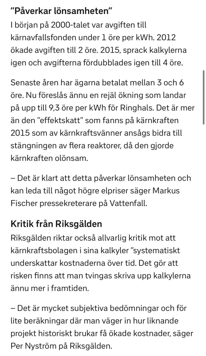 arne_lagerkvist's tweet photo. Reinfeldt tog bort alla statliga subventioner på kärnkraft 2012 för att den skulle bära sina kostnader. Det visar sig att kärnkraftsbolagen ”systematiskt” underskattat dessa &amp; de ökar 100%. 
- Högern M, SD, KD &amp; L skanderade i valet att kärnkraft är billigare &amp; bättre.
#svpol https://t.co/L5ebJBaCLi