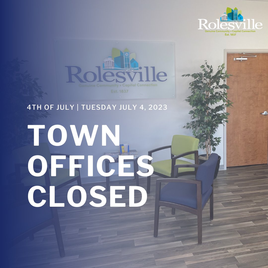 RolesvilleNC's tweet image. On Tuesday, July 4th, the Town of Rolesville Offices will be closed to observe Independence Day. Offices will reopen at regular business hours on Wednesday, July 5.

#rolesvillenc #genuinecommunity #capitalconnection