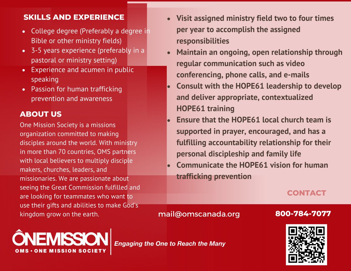 1MissionCanada's tweet photo. Trafficking Prevention Trainer is needed to work alongside local church denominations and other partners around the world. 

There's never been a better time. Please share this need with your people.

https://t.co/xxIqcDLD2q https://t.co/Ab4kIoyHFI