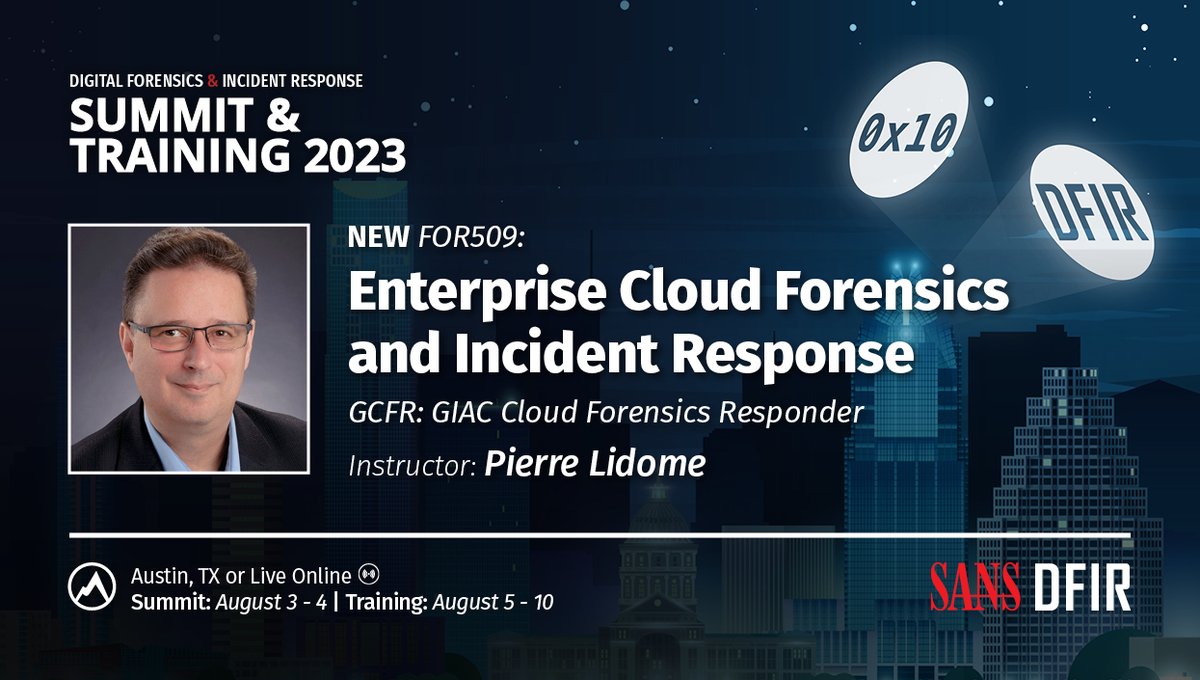 SANS DFIR (@sansforensics) on Twitter photo Take #FOR509: Enterprise #CloudForensics and #IncidentResponse with <a href="/texaquila/">Pierre Lidome</a> at the #DFIRSummit
August 5th-10th
This course teaches examiners how to uncover the new evidence sources that only exist in the Cloud
Register at sans.org/u/1pkc
#DFIR Take #FOR509: Enterprise #CloudForensics and #IncidentResponse with <a href="/texaquila/">Pierre Lidome</a> at the #DFIRSummit
August 5th-10th
This course teaches examiners how to uncover the new evidence sources that only exist in the Cloud
Register at sans.org/u/1pkc
#DFIR