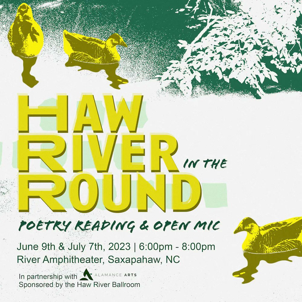 THIS FRIDAY (7/7): We're hosting the final installment of Haw River in the Round, in partnership with Alamance Arts! This week the featured poets are @piedlaurete <a href="/dasanahanu/">dasanahanu</a>, @lizawolffrancs and Gary Phillips! It starts at 6pm at the River Amphitheater (outside the Ballroom)!