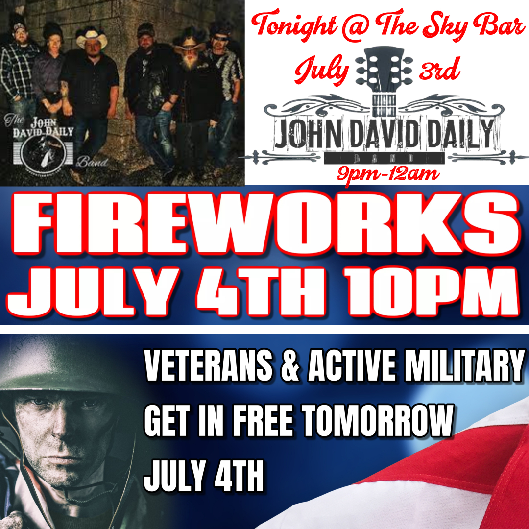 So much action this week!

Tonight at the Sky Bar - John David Daily 9pm - Midnight

Tomorrow, July 4th:

- Veterans and Active Military get in FREE with paid admission
- Fireworks at 10pm

Gates Open at 10am
Water Park Hours - 10am - 6pm
Rides start at 11am