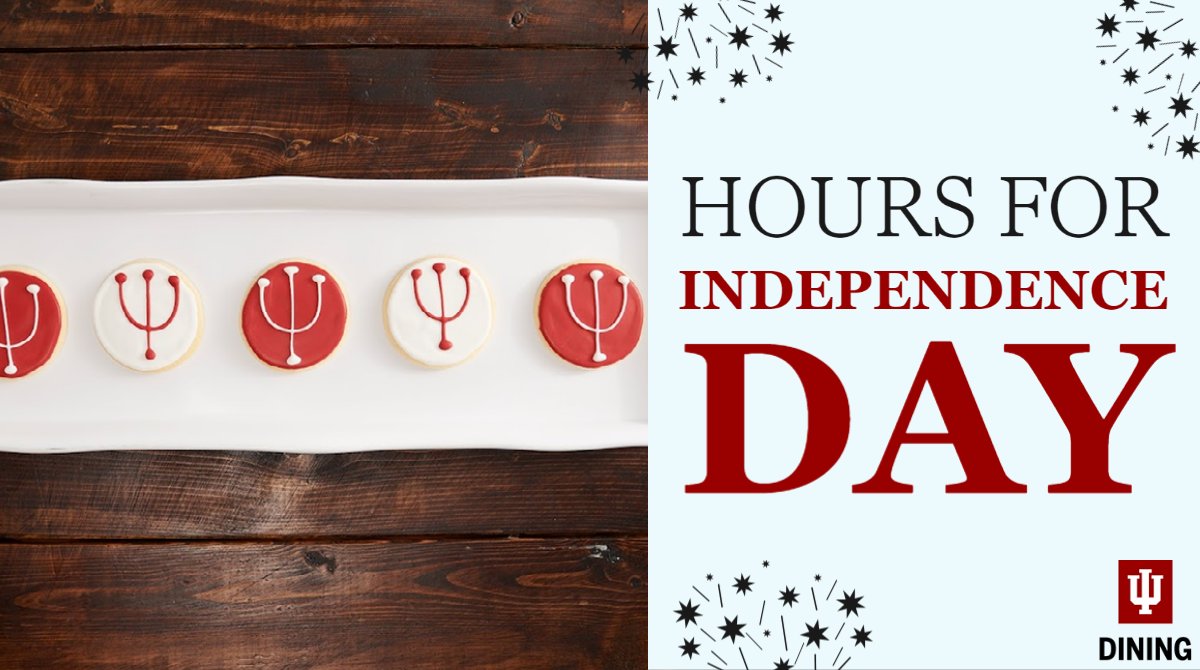 IUDining's tweet image. HOOSIERS | Most of our dining locations will be CLOSED Tuesday, July 4. The following IMU locations will be open for the holiday:

• Starbucks: 7:30 a.m. – 4 p.m.
• Union Market: 10 a.m. – 8 p.m.
• The Mix: 7 – 10 a.m. &amp;amp; 11 a.m. – 4 p.m.

Have a safe and happy July 4! 🔴⚪🔵