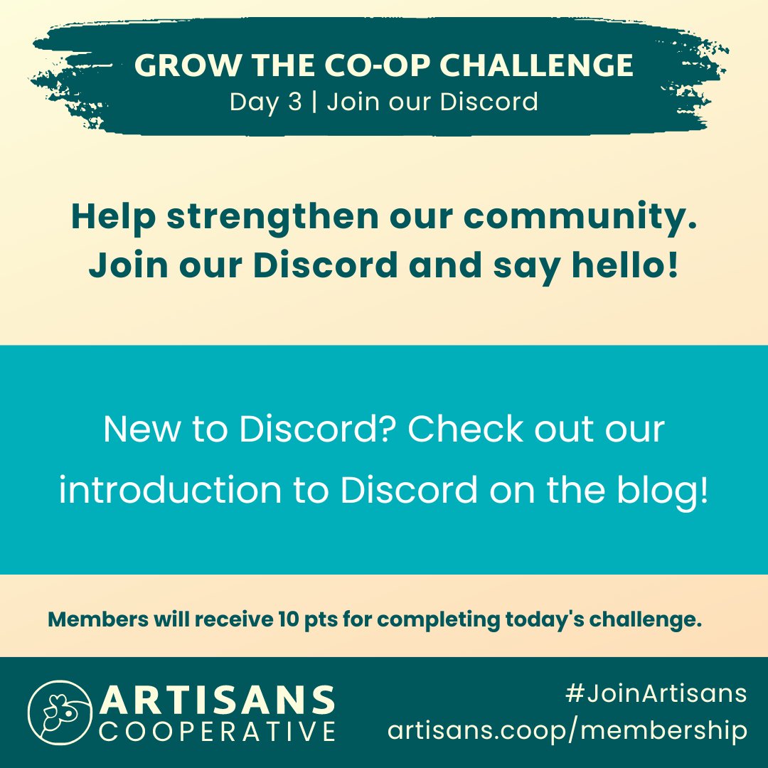 Day 3 of our Grow The Coop Challenge - Join the Discord!! - Help strengthen our community. Join our Discord and say hello! (New to Discord? Read our Introduction to Discord blog post.) 

All the links are in our bio!

#JoinArtisans #GrowTheCoop #CoopArtisans
