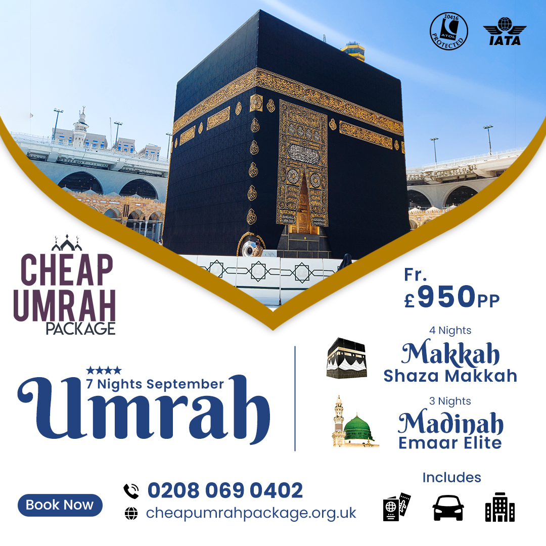 Cumrahpackages's tweet photo. 4-star September Umrah Package (7 Nights)
4 Days Makkah
3 Days Madinah
Hotel + Transports + Flights Included
Price From £950/- PP
Call: 0208 069 0402
More Details: https://t.co/sXDCjBFNTc
#cheapumrahpackage #Umrah2023 #CheapUmrah #UmrahWithFlights #BestUmrah #UmrahFromUK https://t.co/RozG9dYPv7