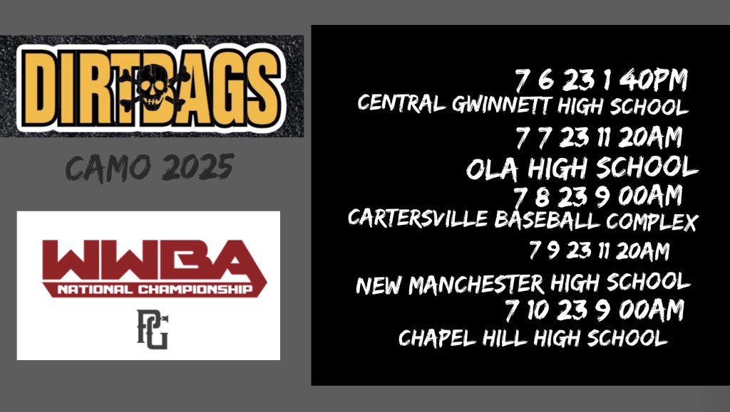 WWBA Schedule 
Dirtbags Camo 2025
<a href="/_thedirtbags/">Dirtbags Baseball</a>