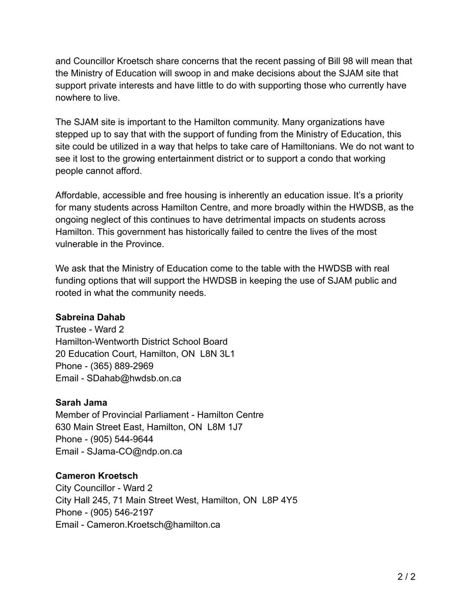 Hamilton Elected Representatives Call on the Province to Keep SJAM Public. A joint statement with MPP @SarahJama_ and city councillor @CameronKroetsch 🧵🧵1/4 #HamOnt #onpoli