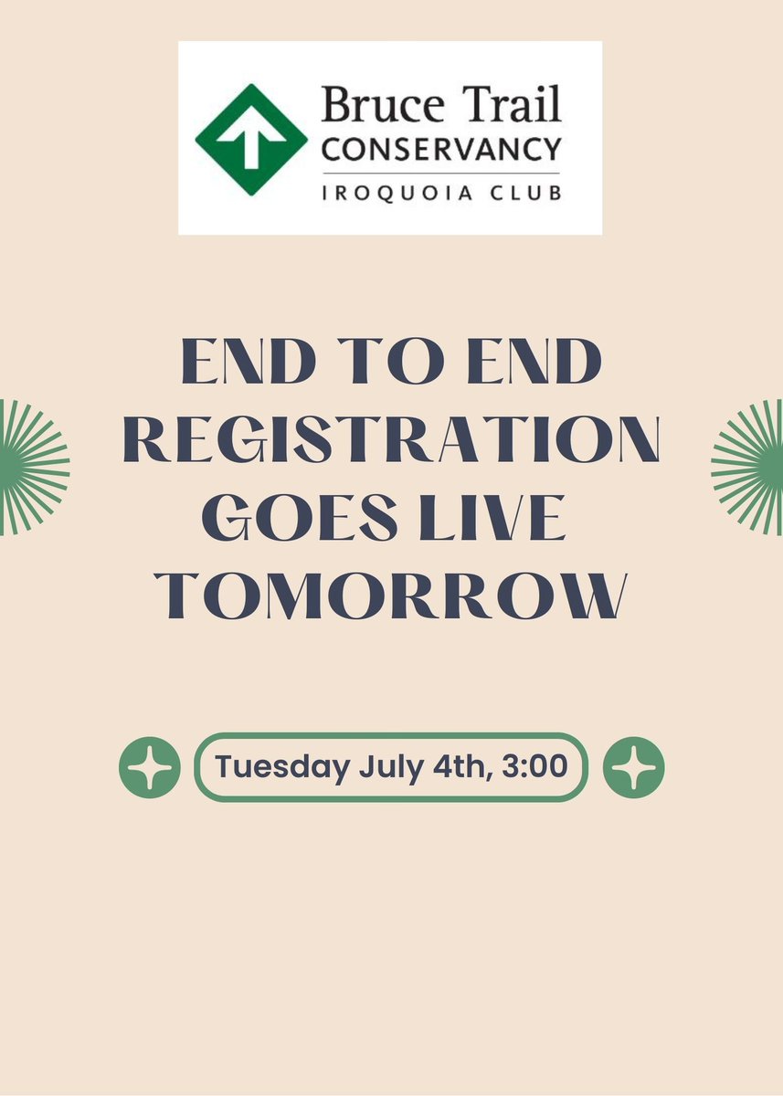 Registration opens at 3 pm on Tuesday, July 4, 2023 for Bruce Trail Conservancy members. If any spots are still available at 3 pm on Thursday, July 13, 2023, registration will also be opened for non-members.

This year's End-to-End will take place September 16, 17 and 23,24.