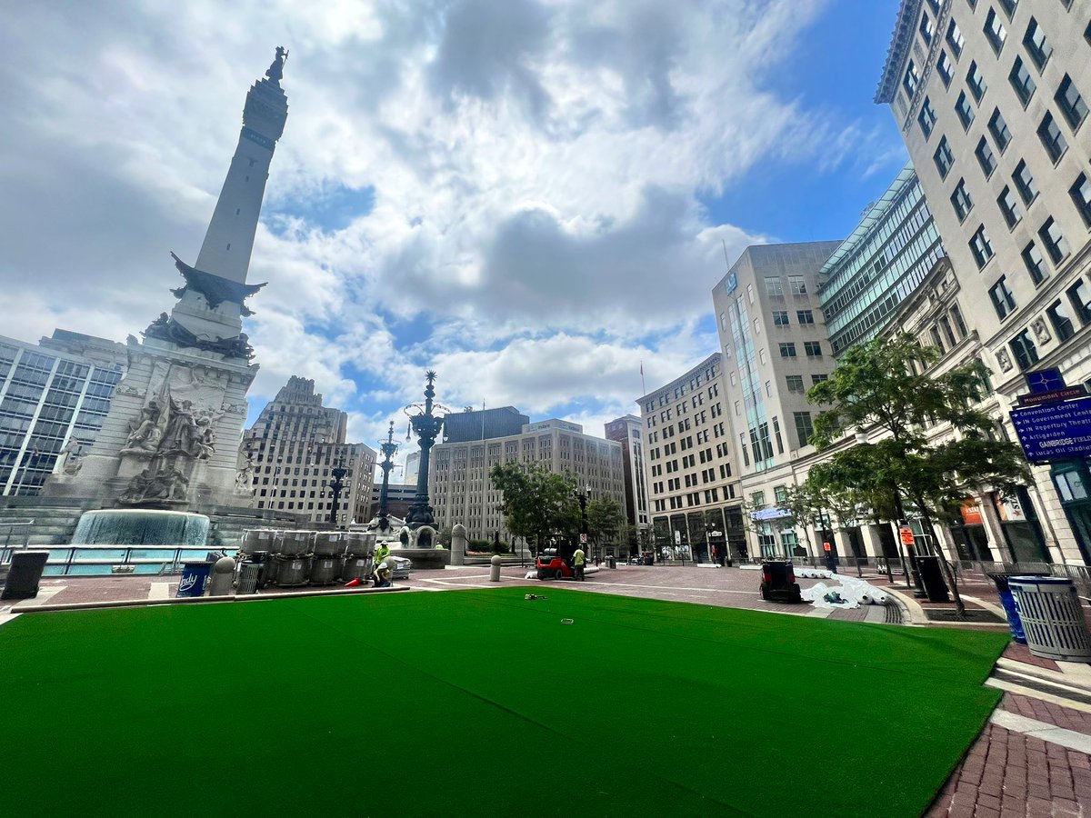 Turf is being laid on the southwest quad of Monument Circle—which means the SPARK on the Circle installation is underway. 👏✨