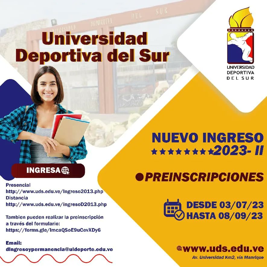 udsoficial2006's tweet photo. 🚨 ¡Atención! 🚨

🏫  Proceso de pre-inscripción para el trayecto 2023-2 en nuestros PNF:

✅ Actividad Física y Salud
✅ Entrenamiento Deportivo
✅ Gestión Tecnológica del Deporte

🔗 Realiza tu preinscripción en https://t.co/U0Y2X0SiF4

🧐 https://t.co/siaelcKw7Z https://t.co/EQZ0aW8lCA