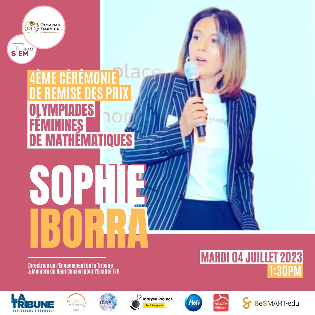 Heureuse d’intervenir demain à l’occasion de la 4ème Cérémonie des Prix Olympiades Féminines de Mathématiques <a href="/OlympiadeFmini1/">Olympiade Féminine</a> 
aux côtés de femmes formidables le tout animé par la dynamique @mcondesalazar #Merci <a href="/DaniellaTchana/">Daniella TCHANA</a> ❤️#WomenInStem #WomenInTech <a href="/LaTribune/">La Tribune</a>