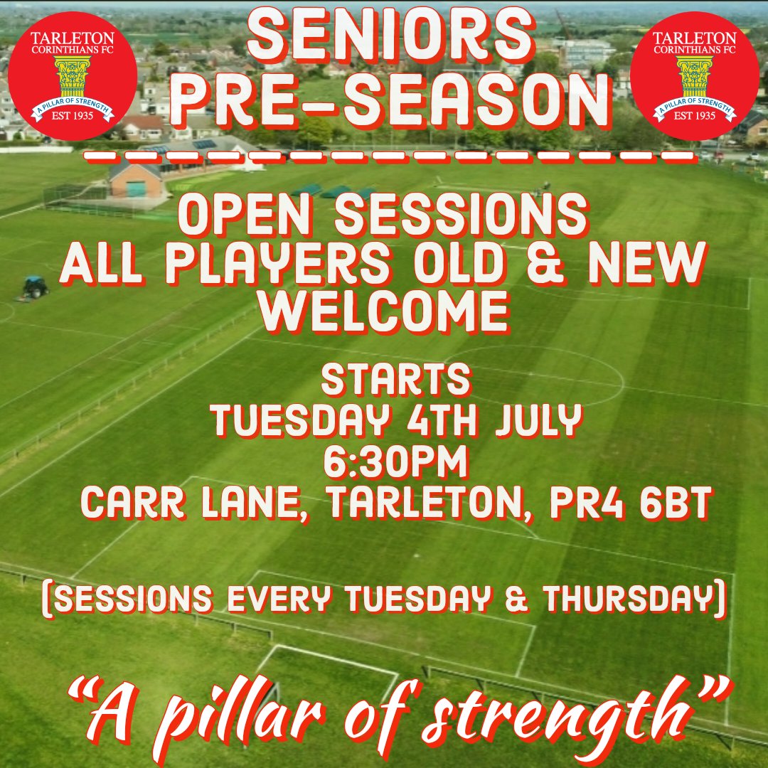 TarletonFC's tweet photo. 🚨𝗦𝗲𝗻𝗶𝗼𝗿𝘀🚨

Our Seniors start their Pre Season training tomorrow down at Carr Lane
Open session for ages 16+. Starts at 6:30pm

Looking for players for our 1st Team, Sunday &amp; U18 teams

Interested? Looking for a new challenge / team then get yourself down 👍🏼

⚽️🔴⚪️⚽️ https://t.co/XQUveTzint