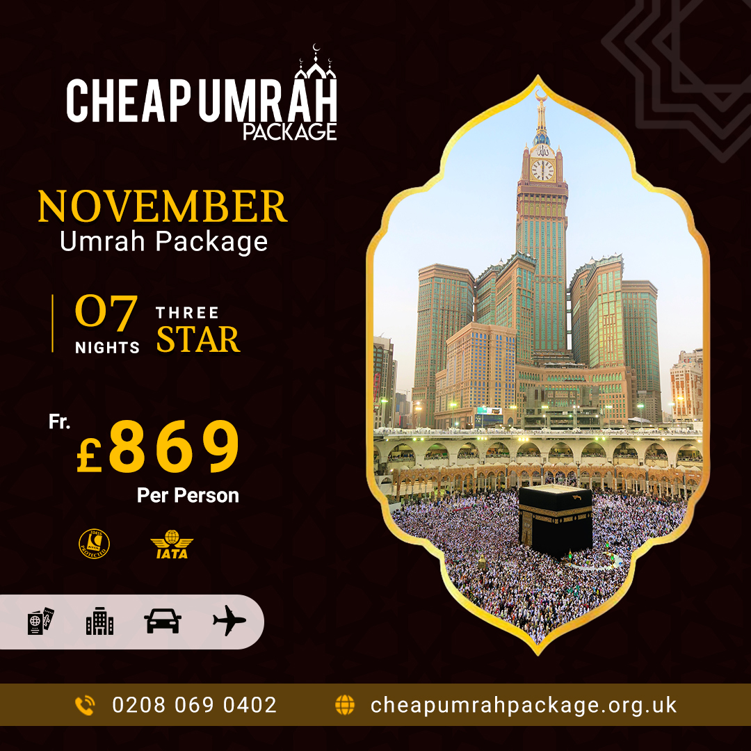 Cumrahpackages's tweet photo. 3-star November Umrah Package (7 Nights)
4 Days Makkah
3 Days Madinah
Hotel + Transports + Flights Included
Price From £869/- PP
Call: 0208 069 0402
More Details: https://t.co/sXDCjBFg3E
#cheapumrahpackage #Umrah2023 #CheapUmrah #UmrahWithFlights #BestUmrah #UmrahFromUK https://t.co/Al5kmllmzr