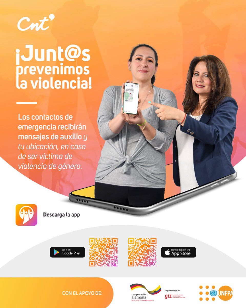 UNFPAecuador's tweet photo. Con la aplicación Junt@s puedes crear una red de apoyo que acudirá en caso que vivas violencia basada en género.
📲Descárgala⬇️
✅iOS: https://t.co/E7dmYWoNOR
✅Android: https://t.co/LlnzpxqvZQ
#PrevenirEsClave
Más info: https://t.co/Nf2duB5UZT https://t.co/dlsH6VndMX