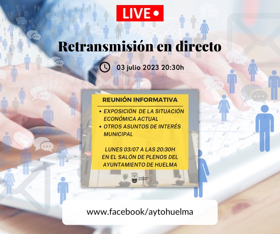 #Retransmisión 🔴

Hoy desde las 20:30h se emitirá en directo, en la página de Facebook del Ayuntamiento de Huelma, la reunión informativa 📲

#AyuntamientodeHuelmaySolera #AytoHuelmaSolera