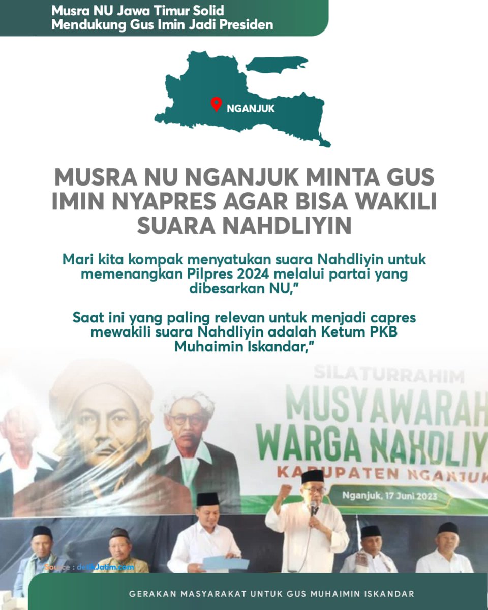 Musra NU, terus memelihara soliditas NU dan PKB, kali ini lebih khusus pada sosok Gus Imin yang akan didorong Nahdyiyyin Jawa Timur sebagai Calon Presiden 2024. 
Semuanya tentu akan bermuara pada kemaslahatan ummat 🇮🇩💚
#MusraNUJatim
#MuhaiminIskandar
#PartaiKebangkitanBangsa