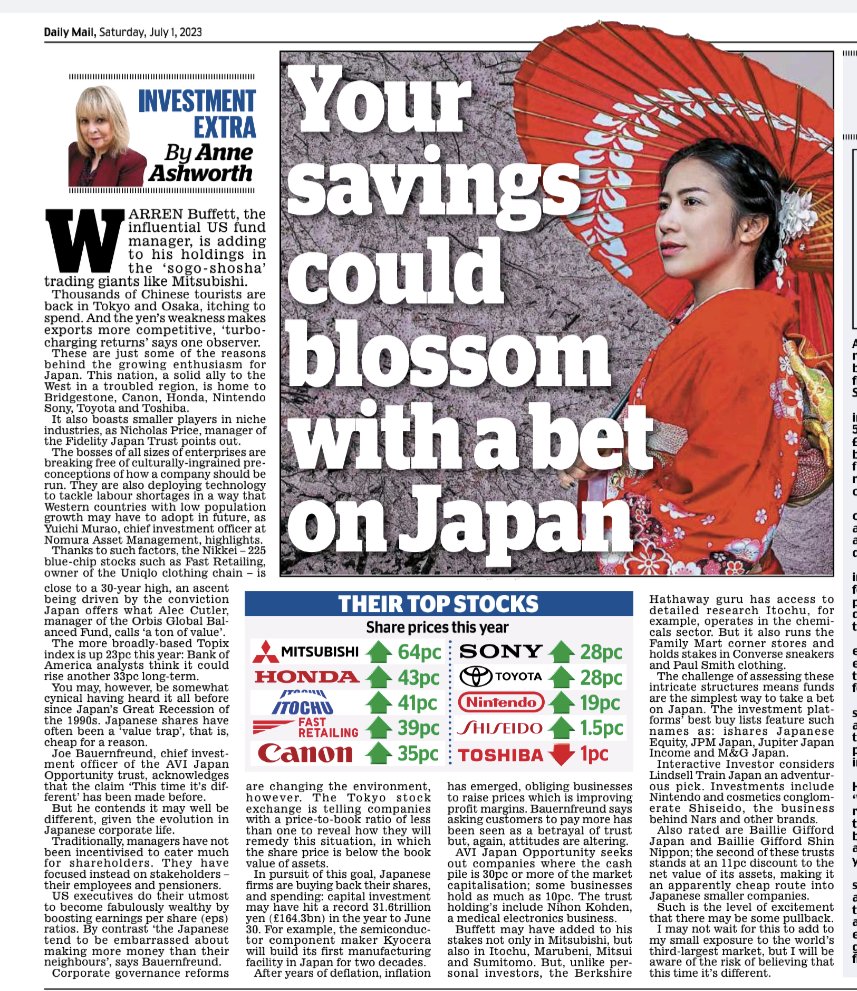 Anne Ashworth (@anneashworth) on Twitter photo This week's investment Extra. Japan. Why people think that this time it really is different, especially as Warren Buffett has been buying into the Japanese trading giants like #Mitsubishi and #Itochu
With comment from <a href="/AVIJapan/">AJOT - AVI Japan Opportunity Trust</a> <a href="/FidelityUKPR/">FidelityUKPR</a> <a href="/OrbisInvestUK/">OrbisInvestUK</a>
#japan #investment This week's investment Extra. Japan. Why people think that this time it really is different, especially as Warren Buffett has been buying into the Japanese trading giants like #Mitsubishi and #Itochu
With comment from <a href="/AVIJapan/">AJOT - AVI Japan Opportunity Trust</a> <a href="/FidelityUKPR/">FidelityUKPR</a> <a href="/OrbisInvestUK/">OrbisInvestUK</a>
#japan #investment