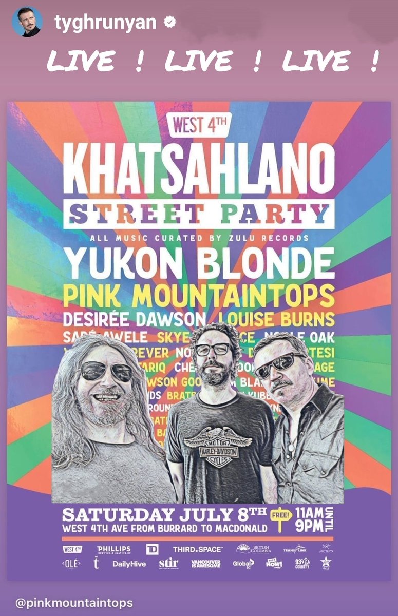 TyghRunyan_page's tweet photo. If you are in Vancouver on Saturday July 8th, go party with the Pink Mountaintops. Street Party is on West 4th Ave from 11 am - 9 pm (from Tygh's IG, edited)
@RunyanTygh @pinkmtps #tyghrunyan #actor #poet #musician #pinkmountaintops #peacockpools #indiemusic #rocknroll #concert https://t.co/FfYGHbf4ic