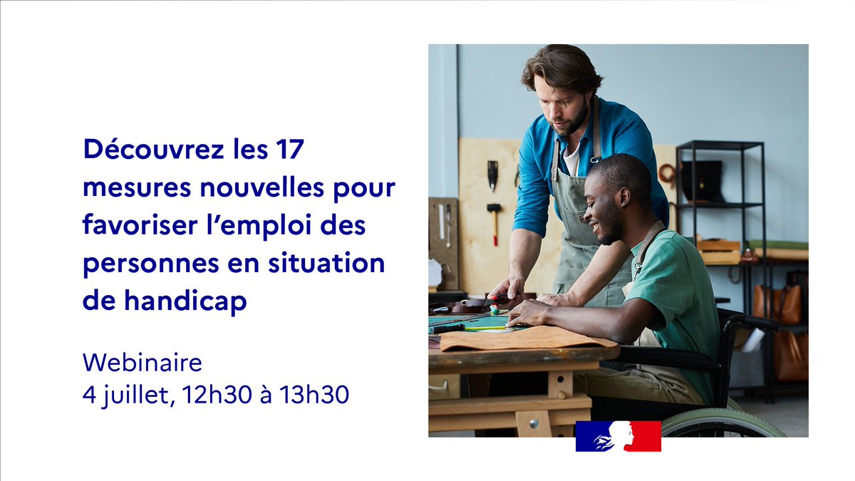 Comment faciliter l'#emploi des personnes en situation de #handicap ? 🤝

🎙️ C'est le sujet du webinaire organisé par <a href="/Travail_Gouv/">Ministère du Travail et de l'Emploi</a> avec Aymeric Morin, adjoint au DGA en charge de l'offre de services de @pole_emploi

🗓️ Le 04/07 à 12h30 ➡️ travail-emploi.gouv.fr/actualites/l-a… #TousMobilisés