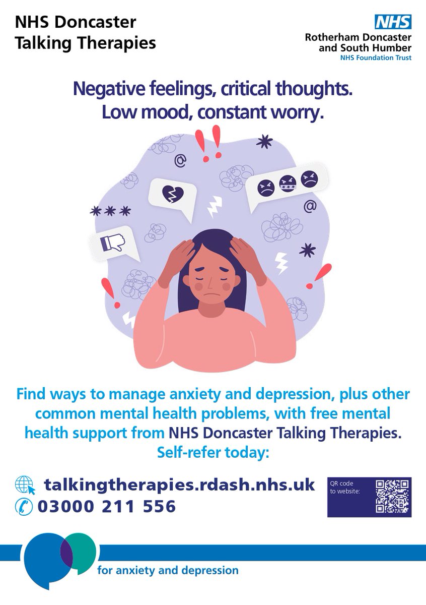 Do you want help with anxiety or depression?

Self-refer online or by phone to NHS Doncaster Talking Therapies 👇